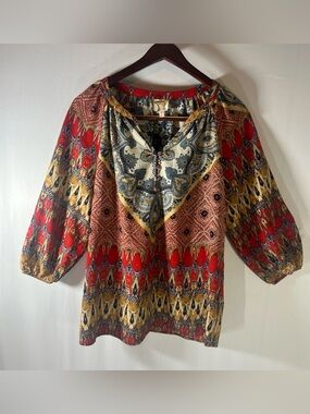 FIG + FLOWER Mixed Print Peasant Blouse Size L Boho Cottagecore Balloon Sleeve